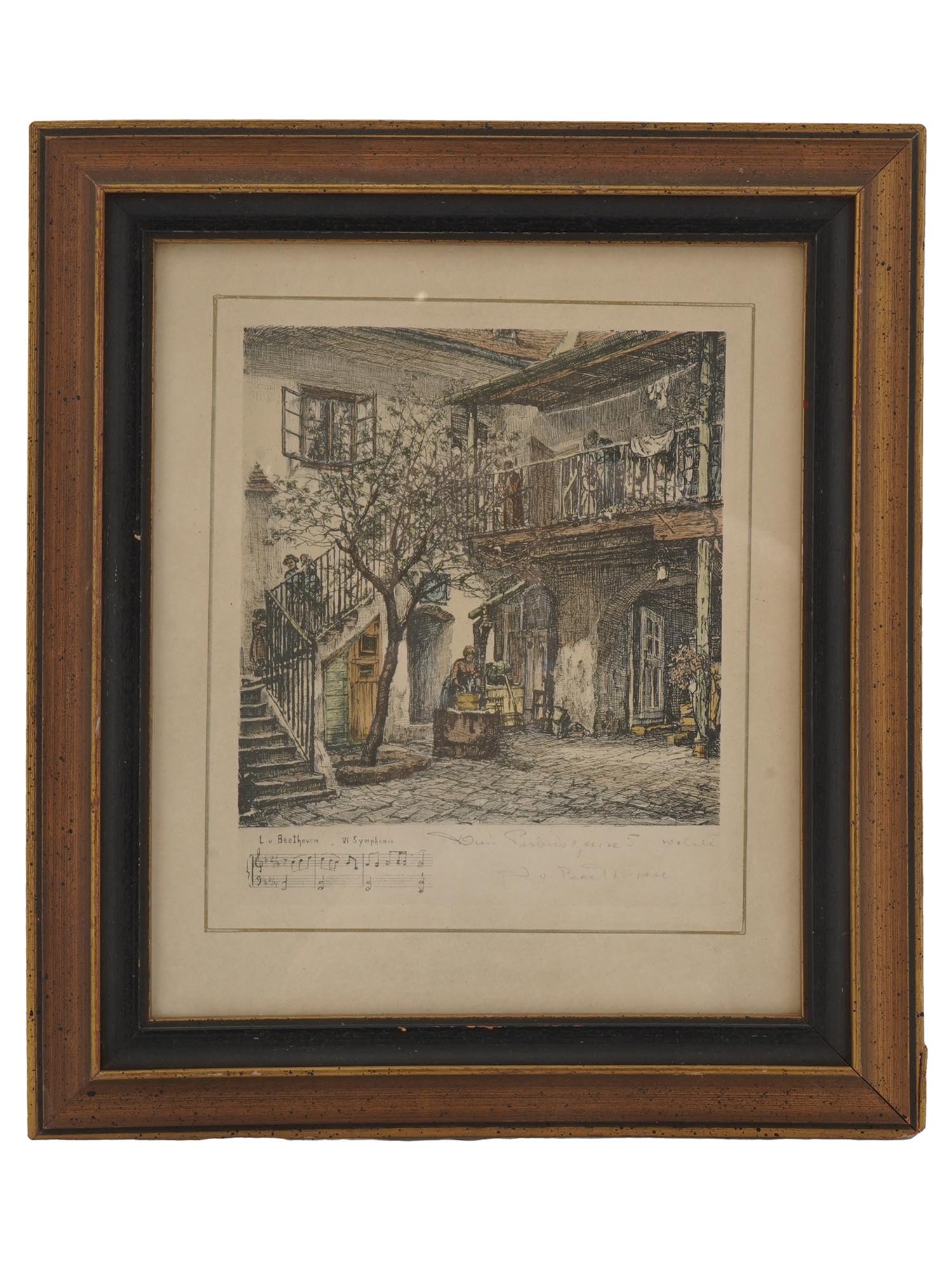 ANTIQUE COLORED ETCHING BEETHOVEN HOUSE, SIGNED PIC-0